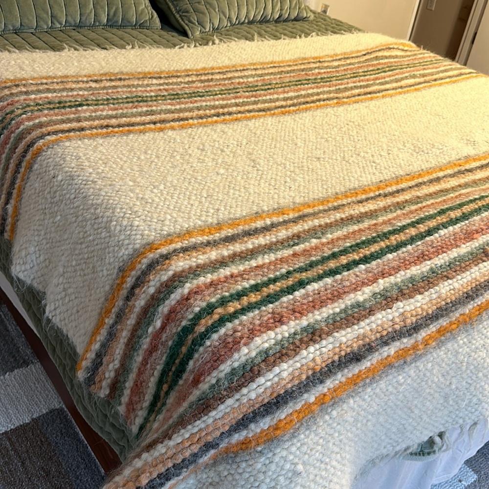 Cozy Striped Wool Blanket - Cream, Green, and Orange
